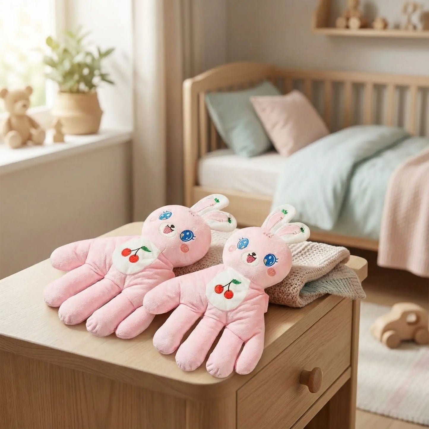 deux doudous lapin rose caresse maternelle intelligente sur table