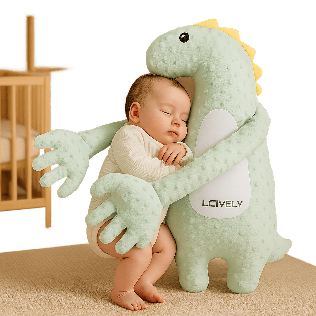 doudou bébé câlin maternel rassurant dinosaure vert bébé dort