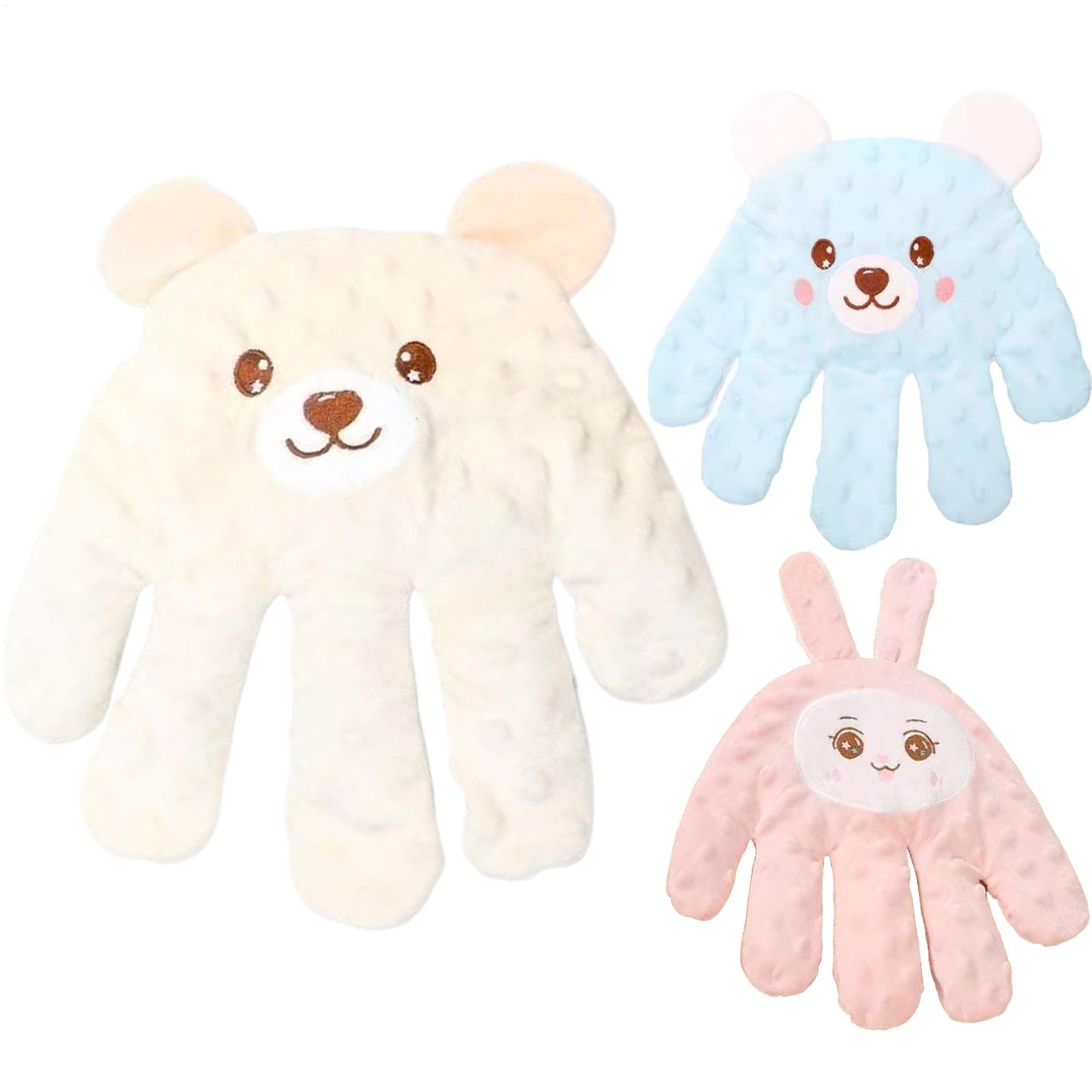 doudou bébé main magique toucher maternel trio rose bleu blanc