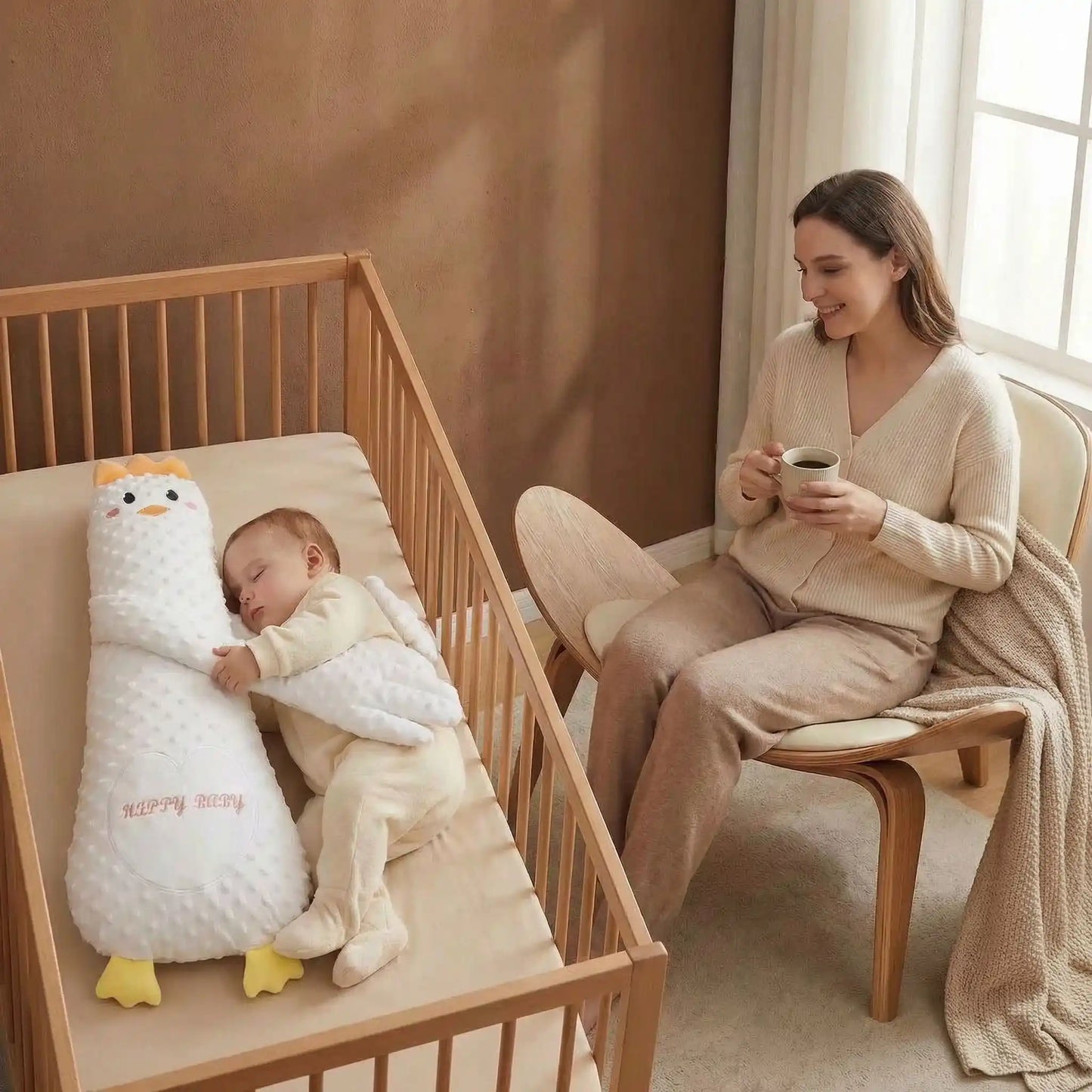 doudou canard qui tapote bébé dort mama soulagée café