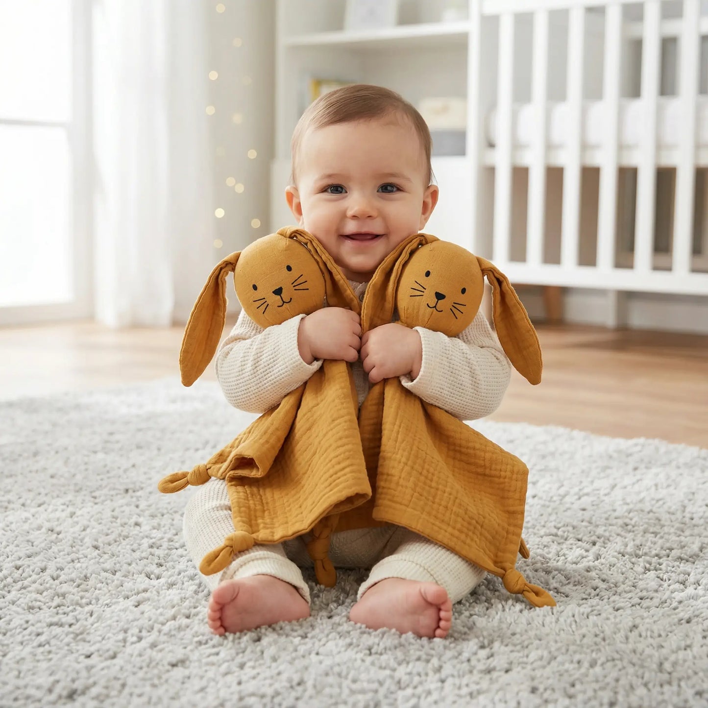 doudou lapin câlin mousseline douce jaune moutarde duo