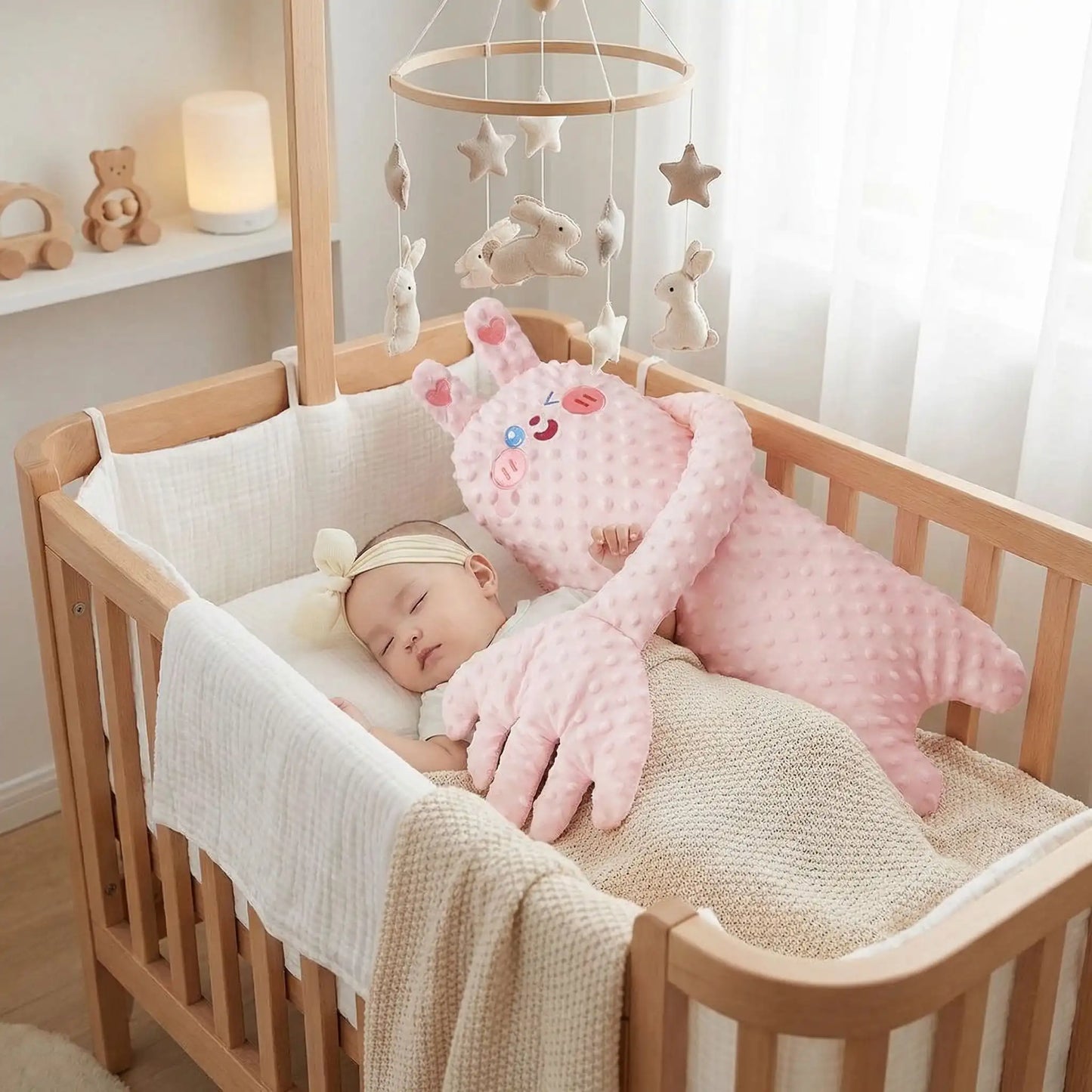 doudou lapin rose apaisant berçant bébé dort berceau