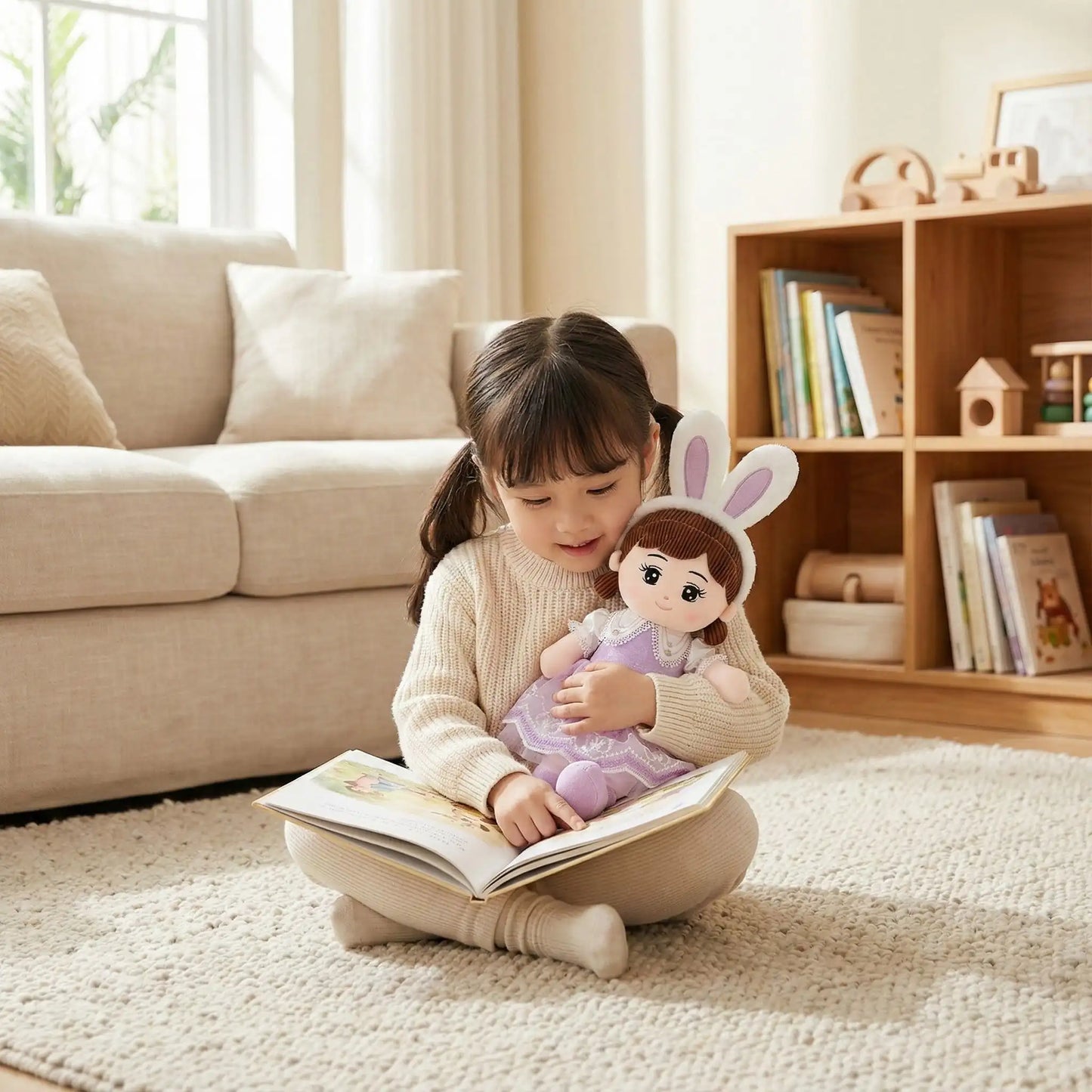 doudou lapin rose coton Ange apaisant robe violette fillette histoire