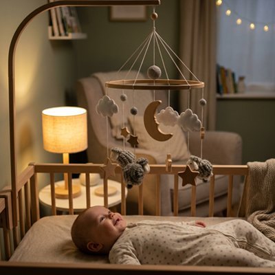 Mobile pour lit bébé mouton apaisant gris bébé souriant lit