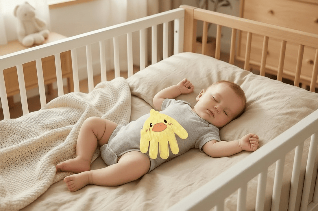 doudou qui tapote bébé main canard jaune bébé dort