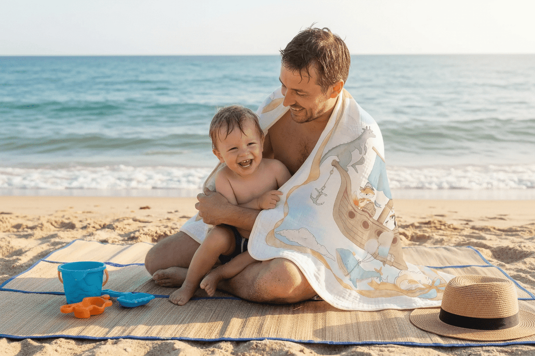 couverture bébé coton bio multifonction père fils joyeux plage