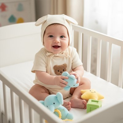 Barboteuse coton bio confort mignon beige bébé joyeux assis