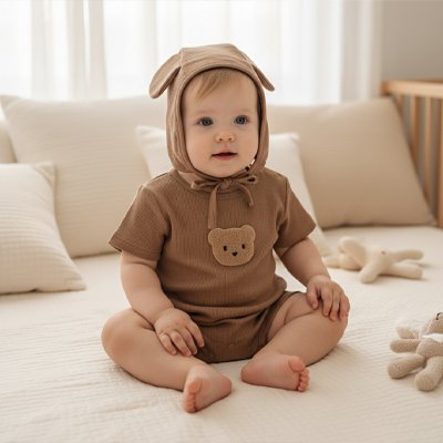 Barboteuse coton bio confort mignon chocolat bébé assis