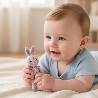 Doudou lapin coton crocheté douceur beige bébé joyeux