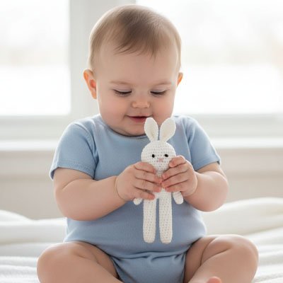 Doudou lapin coton crocheté douceur blanc bébé apprécie