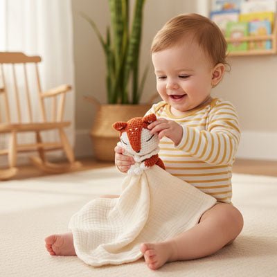 Doudou renard coton bio doux Renardeau blanc bébé assis