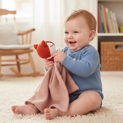 Doudou renard coton bio doux Renardeau rose bébé assis