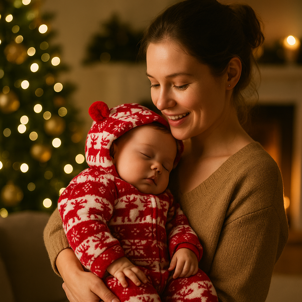 barboteuse bébé flocons neige cerf bebe dort bras maman