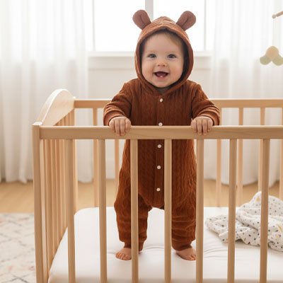 barboteuse coton bio capuche marron bébé joyeux lit