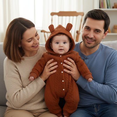 barboteuse coton bio capuche marron bébé joyeux papa mama