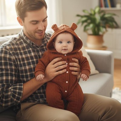 barboteuse coton bio capuche marron bébé joyeux papa