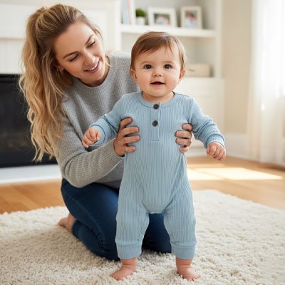 Barboteuse​ coton côtelé confort bleu bébé joyeux maman