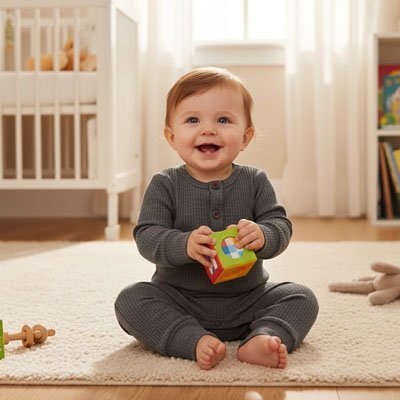 Barboteuse​ coton côtelé confort gris bébé joyeux assis