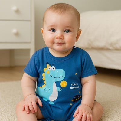 barboteuse coton hypoallergénique bleu dinosaure bleu bébé assis 