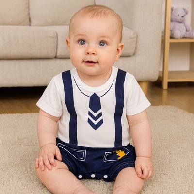 barboteuse coton hypoallergénique bleu marin cravate pochettes bébé assis