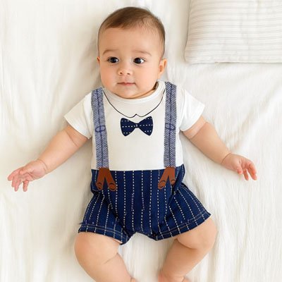 barboteuse coton hypoallergénique bleu marin nœud papillon bébé chic couché