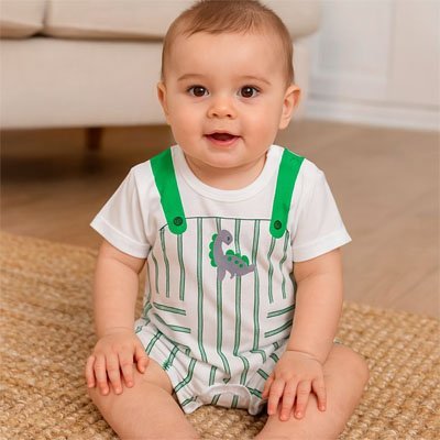 barboteuse coton hypoallergénique rayé vert blanc dragon bébé assis