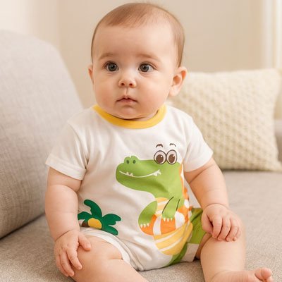 barboteuse coton hypoallergénique blanc dinosaure bébé assis