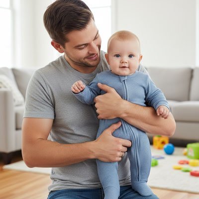 Barboteuse​ douceur pratico pratique bleu bébé content papa