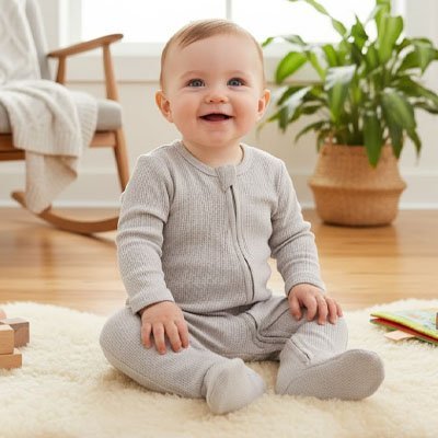 Barboteuse​ douceur pratico pratique gris bébé content assis