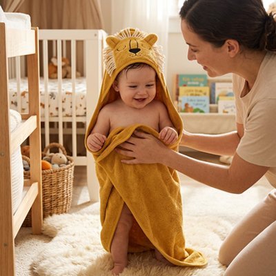 Cape de bain bébé rituel sommeil lion bébé joyeux maman