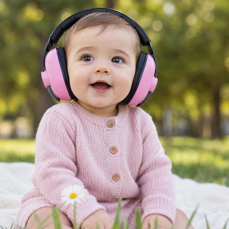 Casque anti bruit bébé protection sérénité rose fillette joyeuse assise