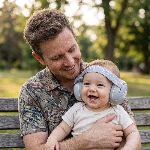 Casque anti bruit pour bébé gris confort optimal bébé papa souriants