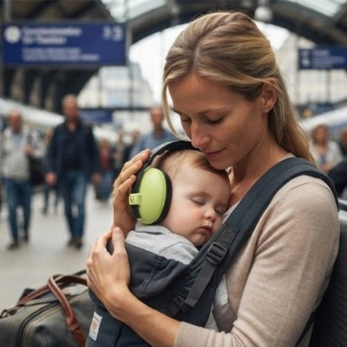Casque anti bruit vert bébé dort poitrine maman voyage
