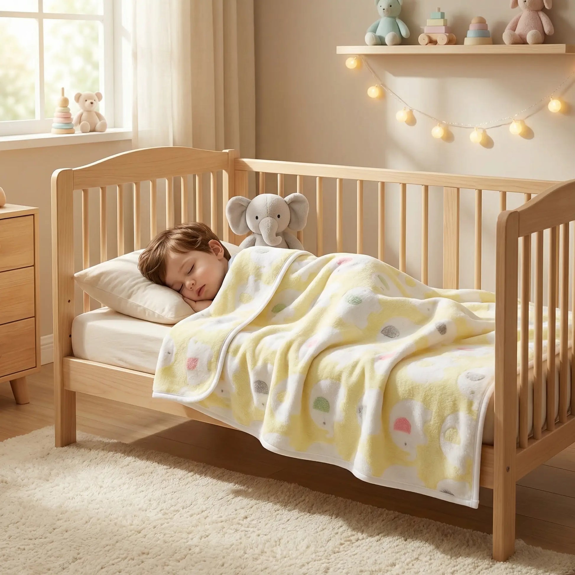 couverture douce bebe éléphant polaire corail jaune enfant dort