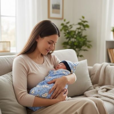 Couverture emmaillotage douceur apaisante bleu bonnet bébé dort bras mama