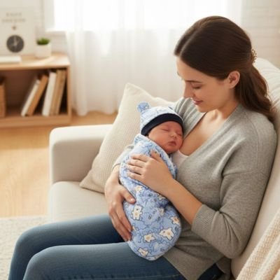 Couverture emmaillotage douceur apaisante bleu  bonnet bébé dort