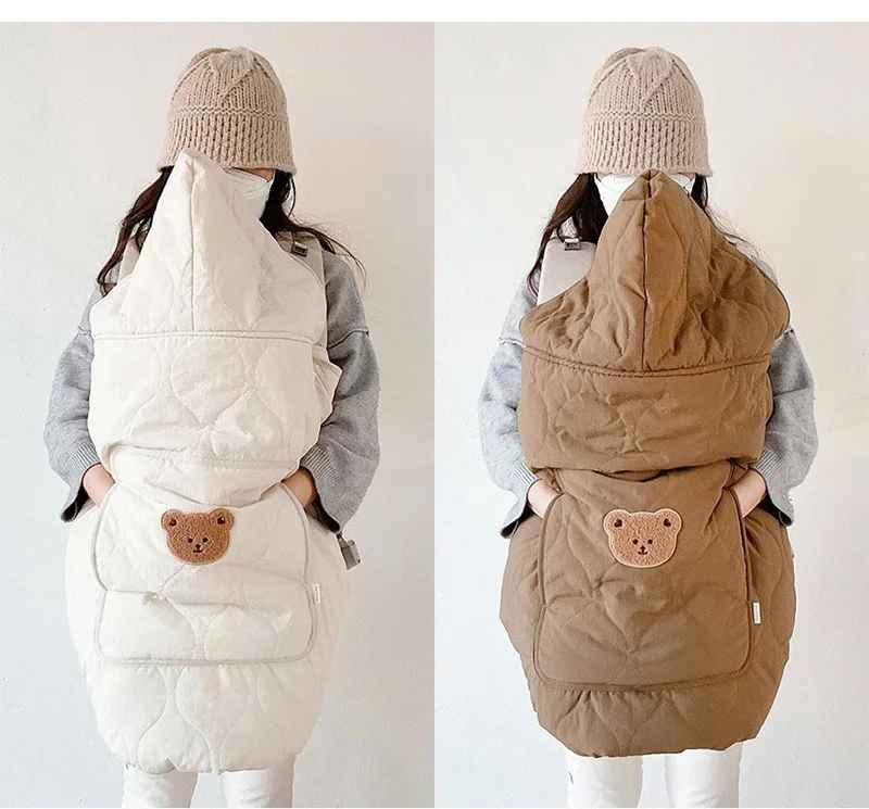 couverture porte bébé chaude imperméable à capuche Ours brun et blanc