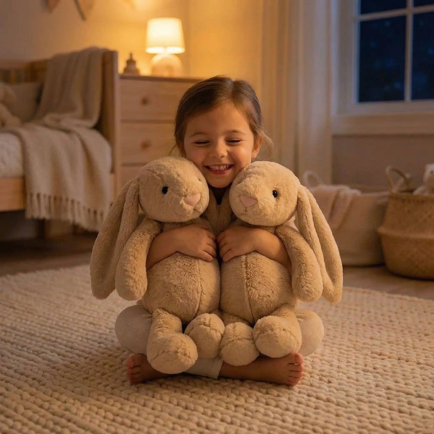 deux doudous lapin la tendresse beige fillette contente