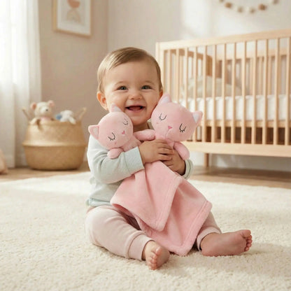 deux doudou plat chat rose velours apaisant bébé contente assis