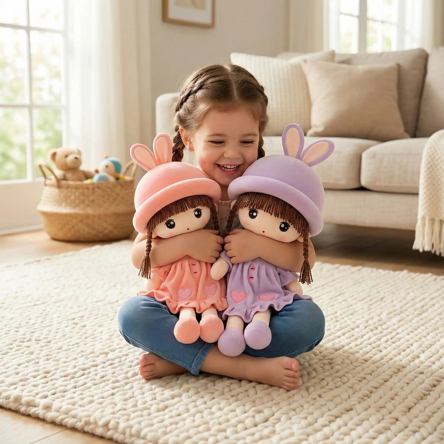 deux doudous bébé fille princesse-lapin  rose mauve fillette joyeuse