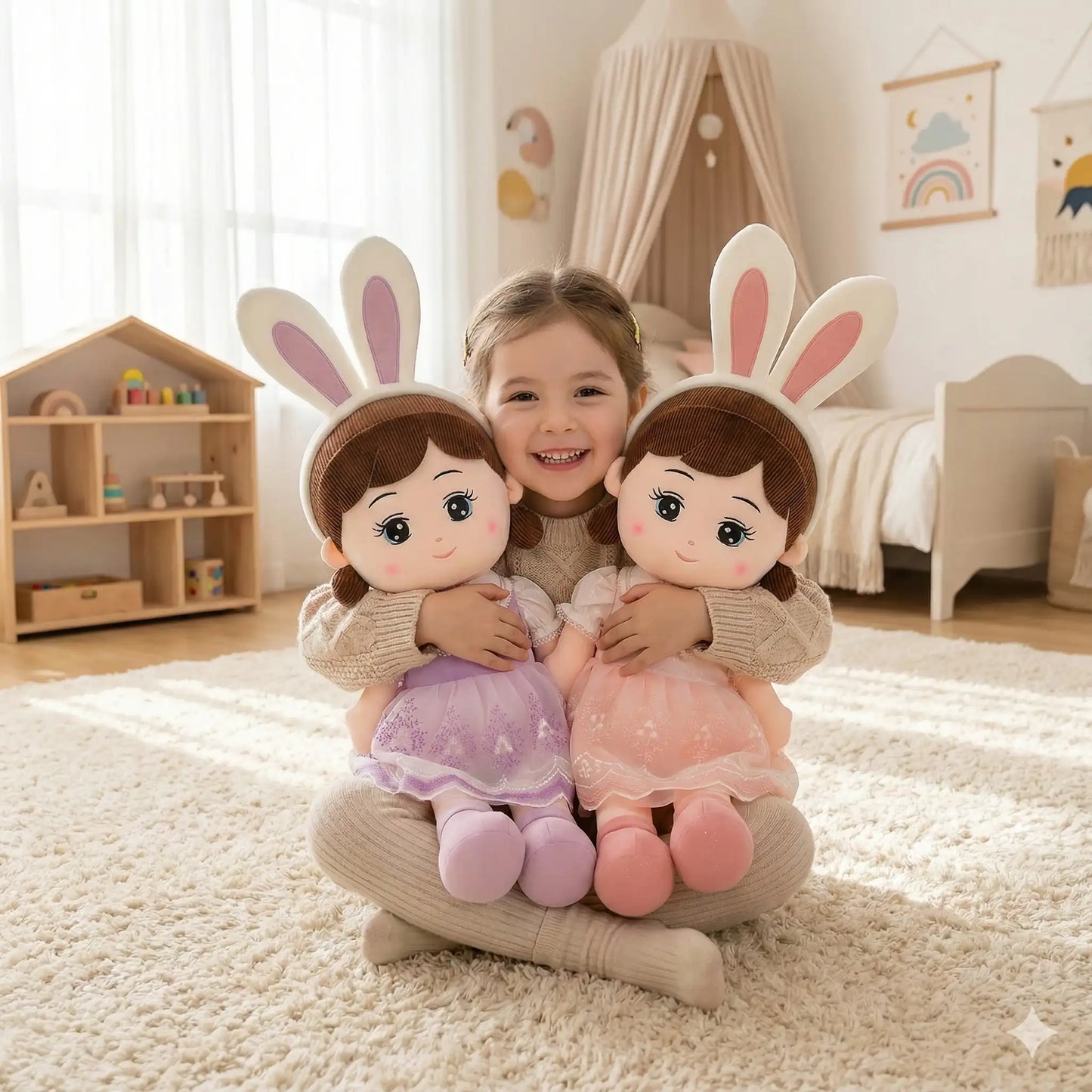 deux doudous lapin rose coton Ange apaisant robe violette robe rose