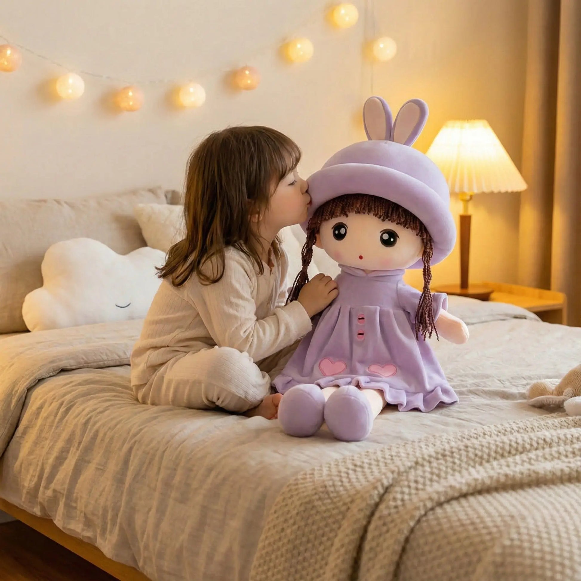 doudou bébé fille princesse lapin mauve fille donne bisous