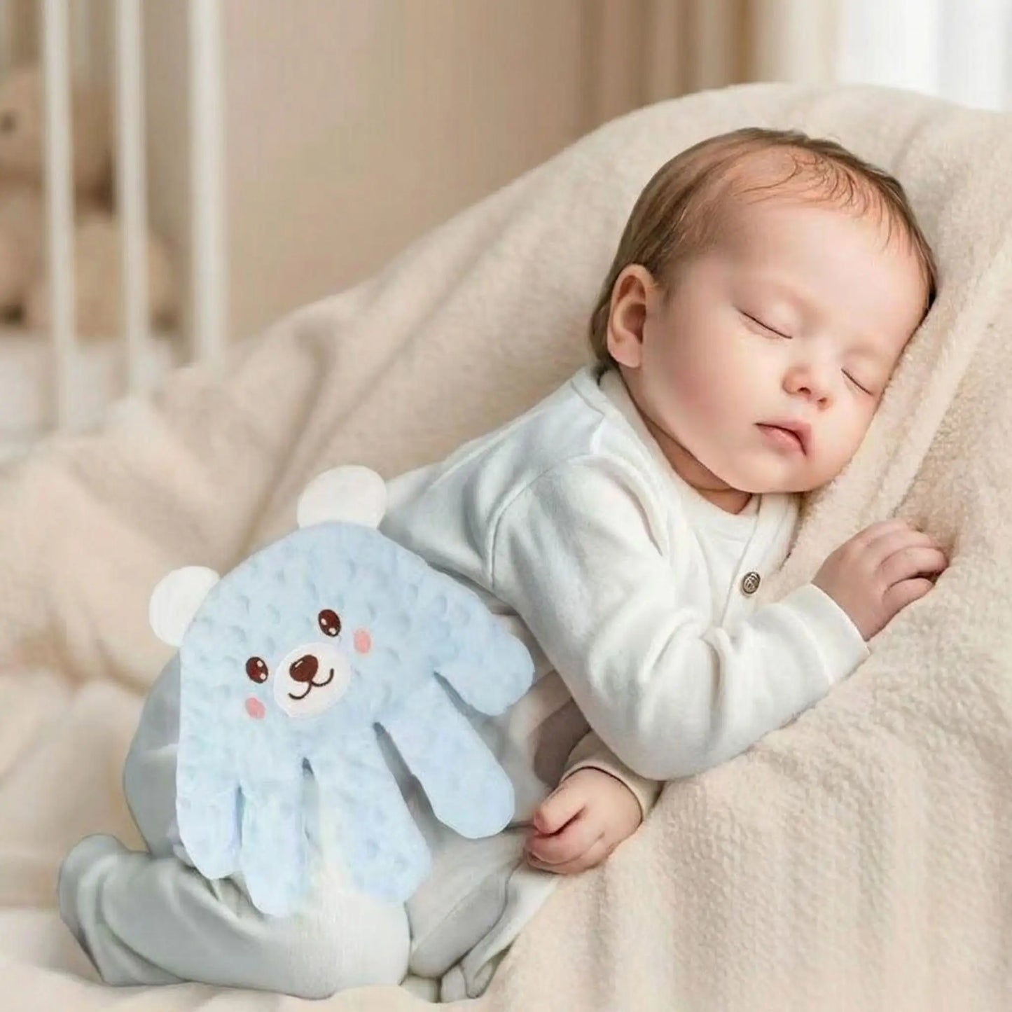 doudou bébé main magique toucher maternel bleu bébé dort