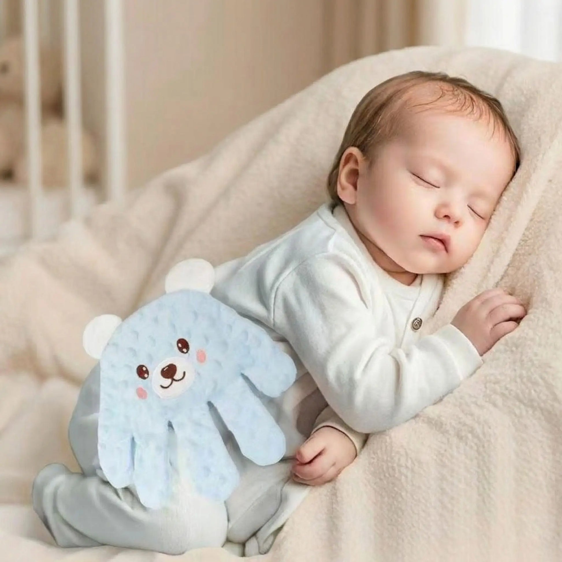 doudou bébé main magique toucher maternel bleu bébé dort