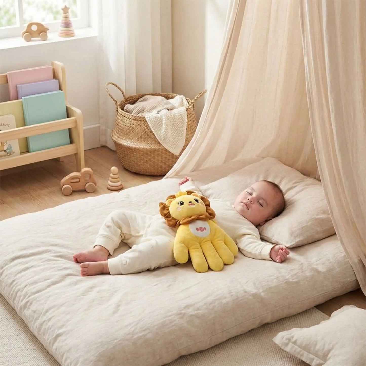 DOUDOU BEBE paume tapoteur apaisant lion jaune bébé dort