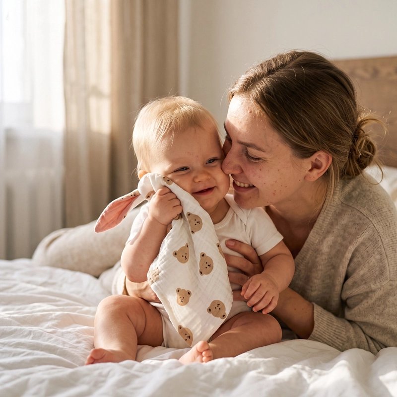 Doudou confort apaisant lapinou maman bébé s'amusent lit
