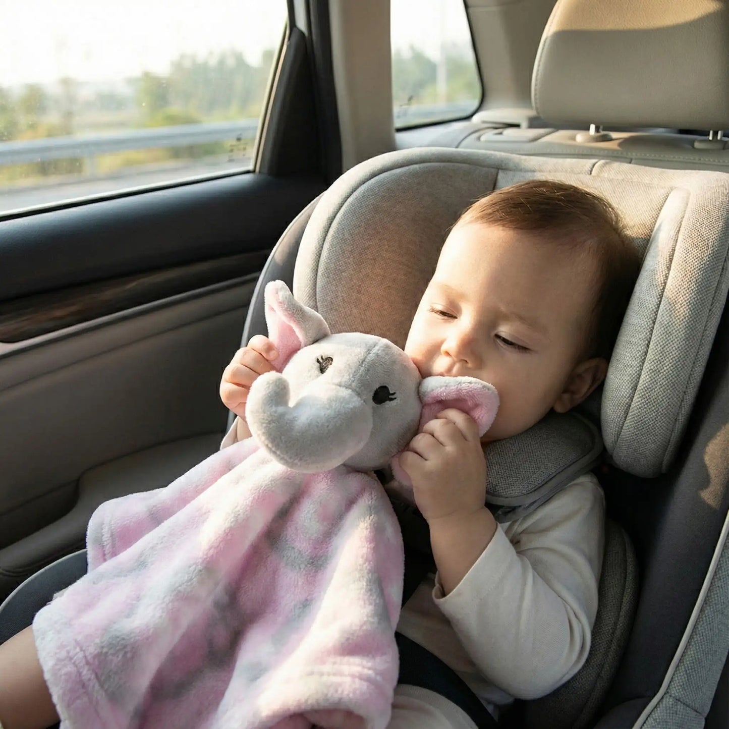 doudou éléphant douceur rose gris bébé assis siège autos relaxe