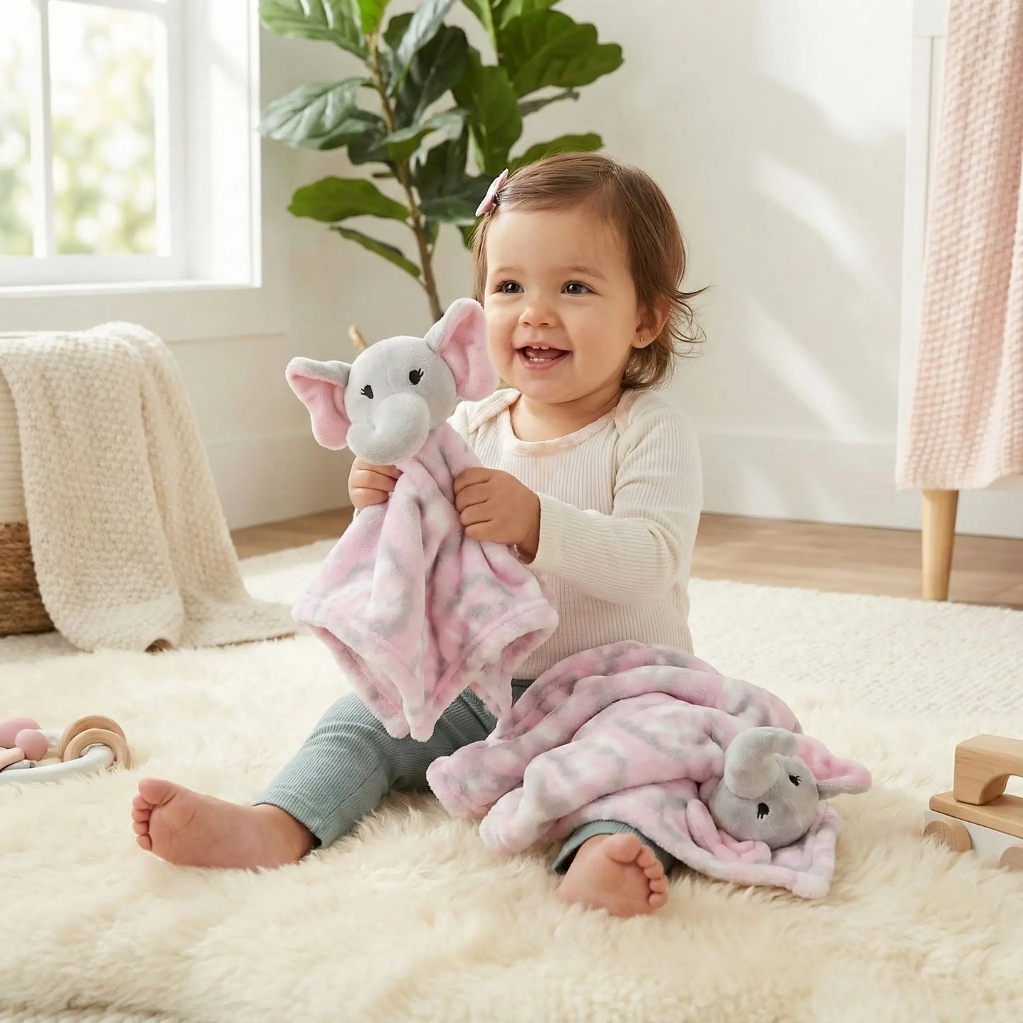 doudou éléphant douceur rose gris duo fillette heureuse assise 