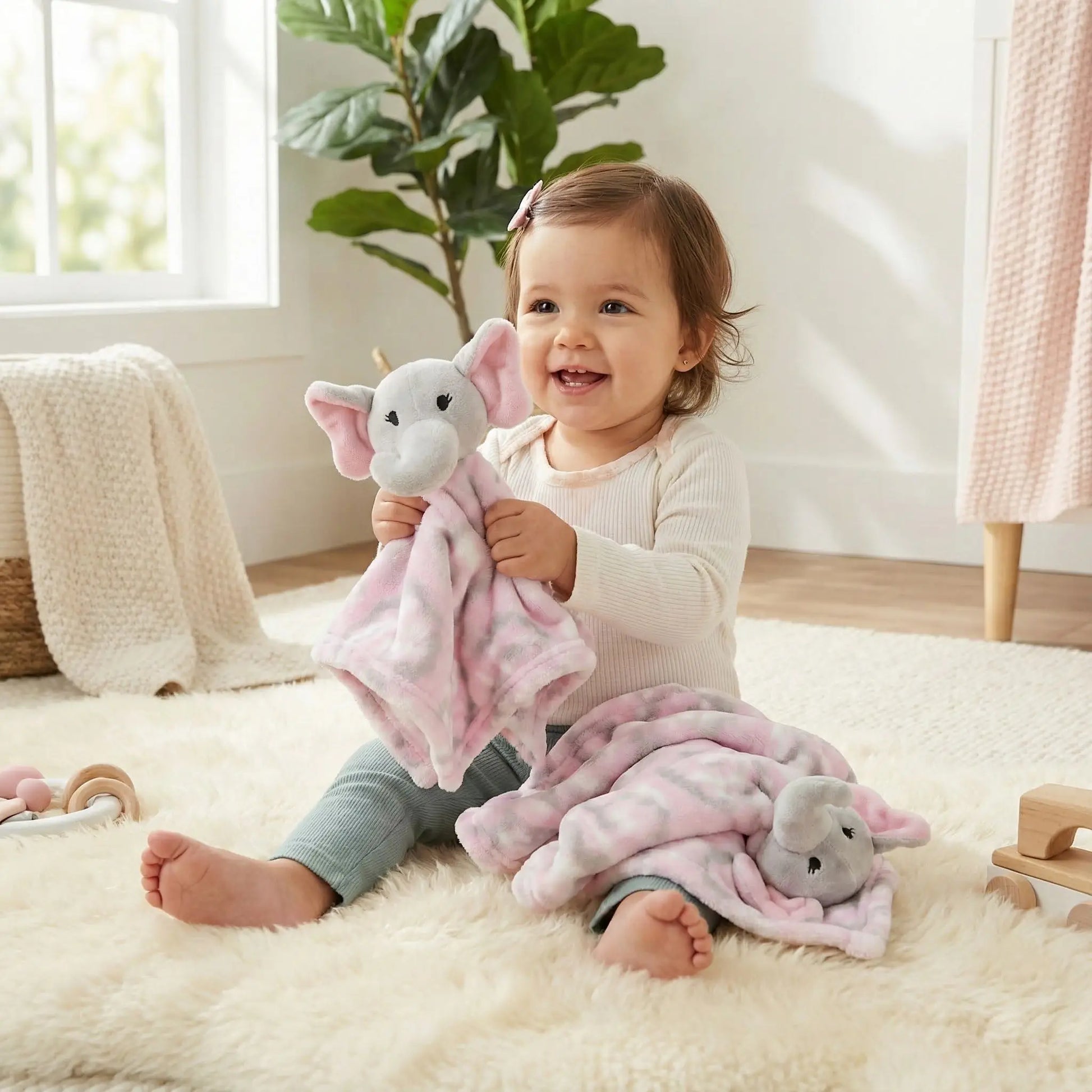 doudou éléphant douceur rose gris duo fillette heureuse assise 