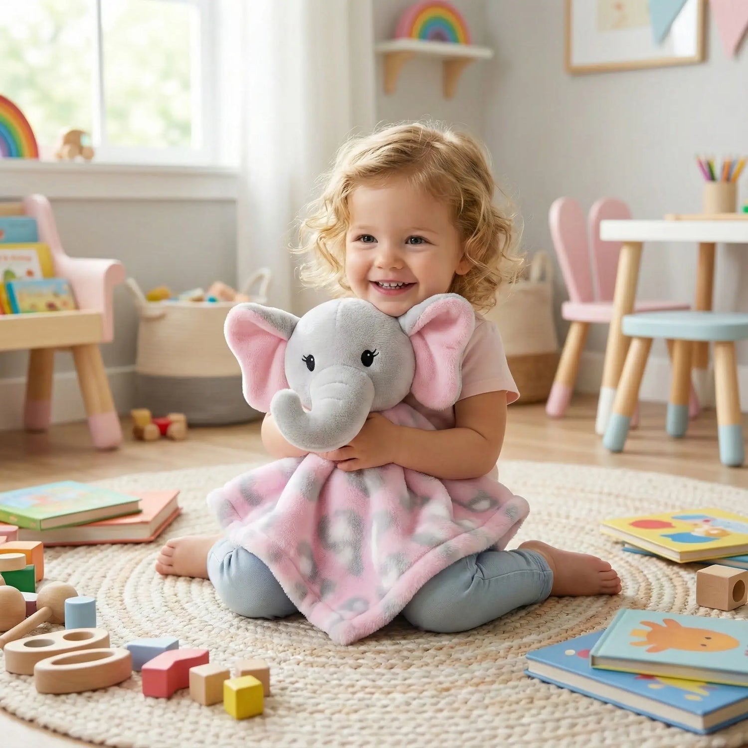 doudou éléphant douceur rose gris fillette heureuse assise salle jeu